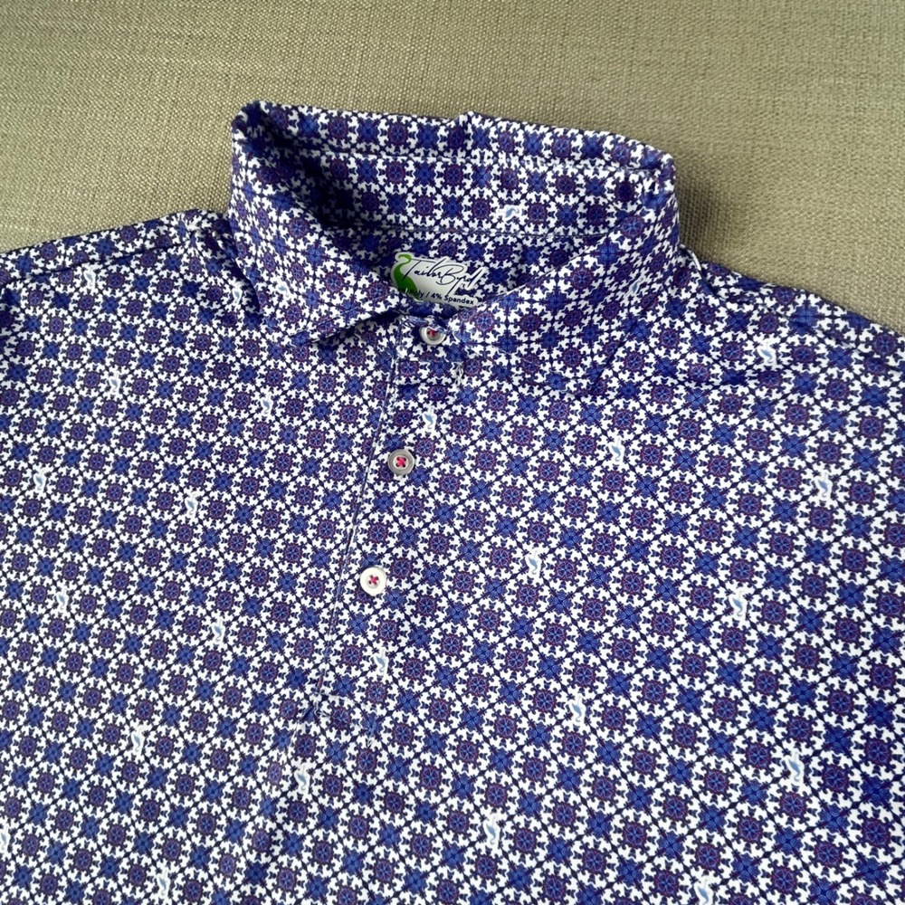 TailorByrd Polo Shirt Mens Large Purple Blue Geometric Stretch Performance Golf